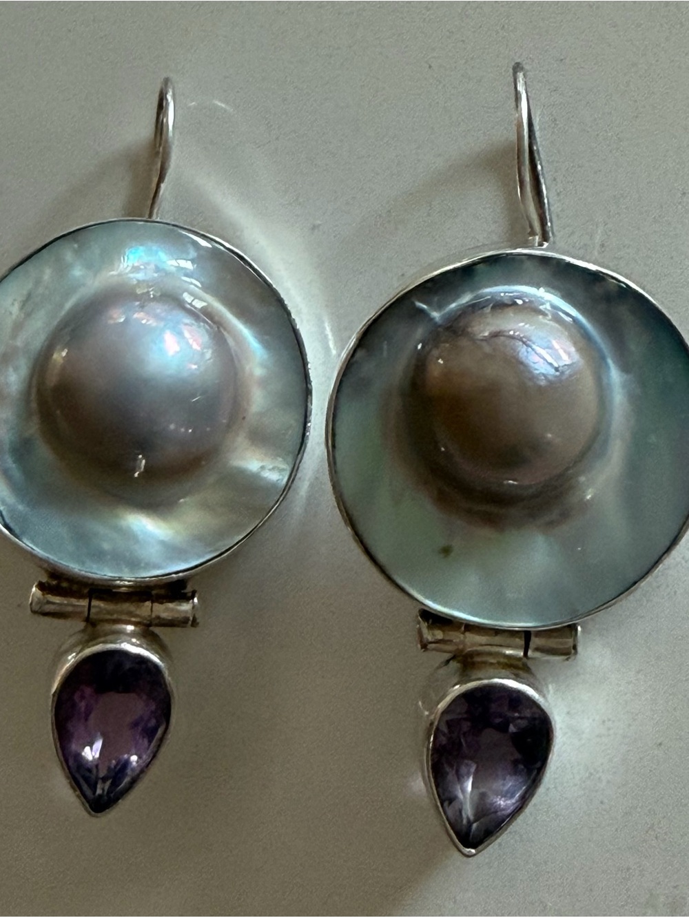 Silver Mabe Pearl and Amethyst Drop Earrings